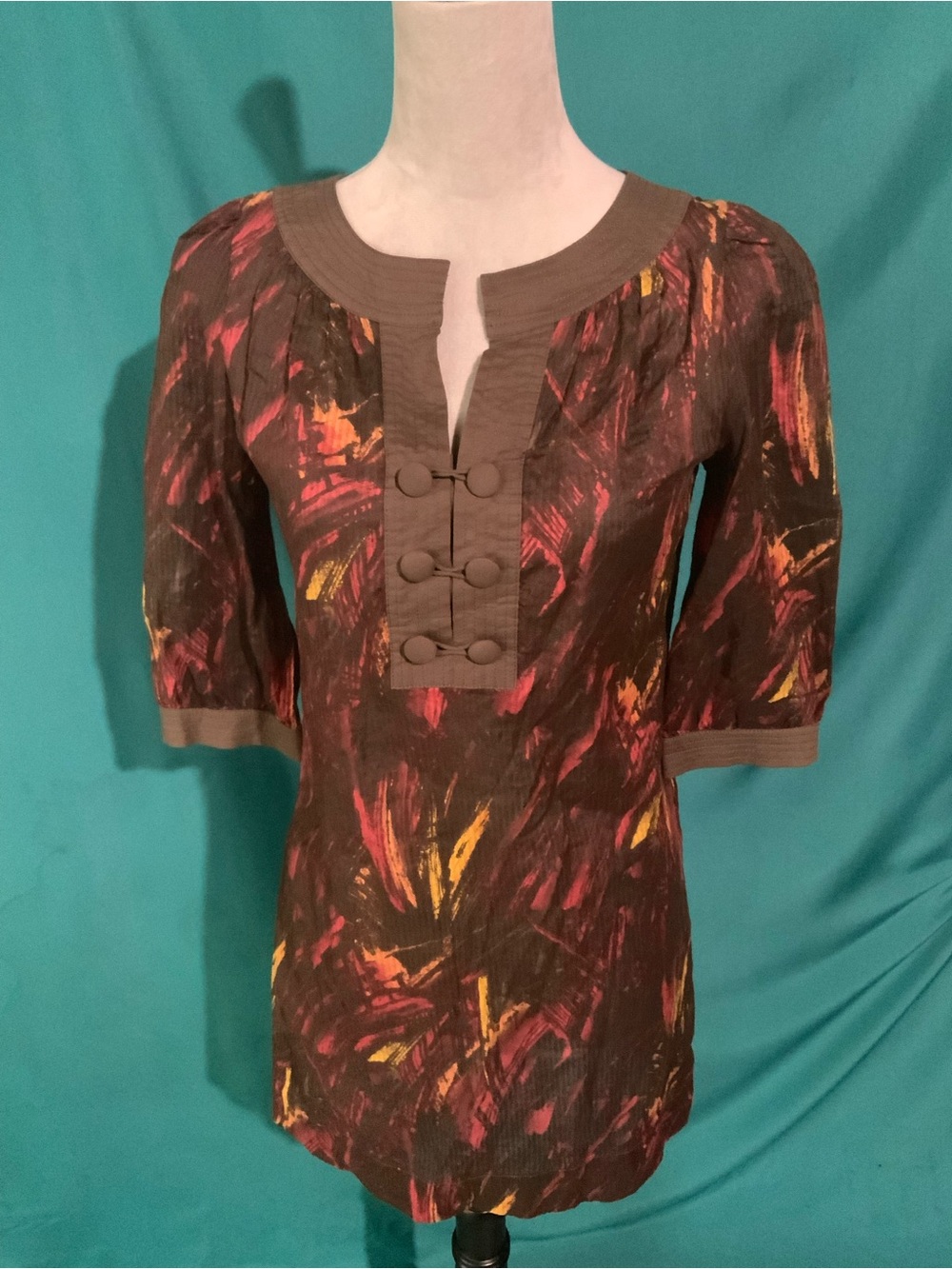 BCBGeneration Brown Brushstroke Tunic with Red & Yellow Accents